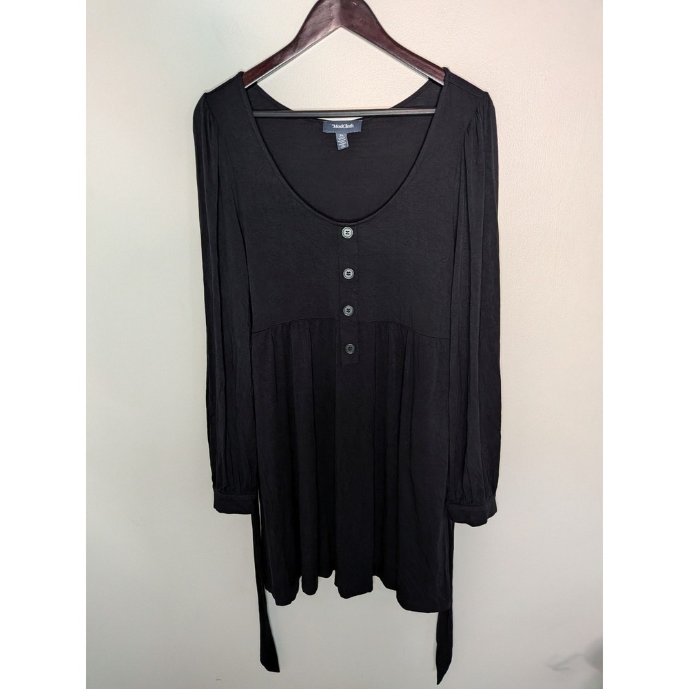 ModCloth XL Black Babydoll Boho Witchy Whimsical Henley Tunic Top Tie Back